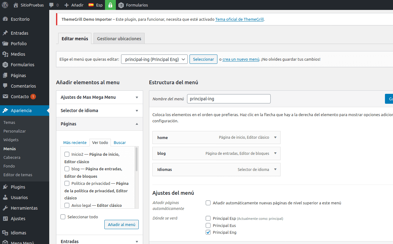 entradas unificadas en multiidioma con Polylang: añadiendo página blog al menú de WordPress