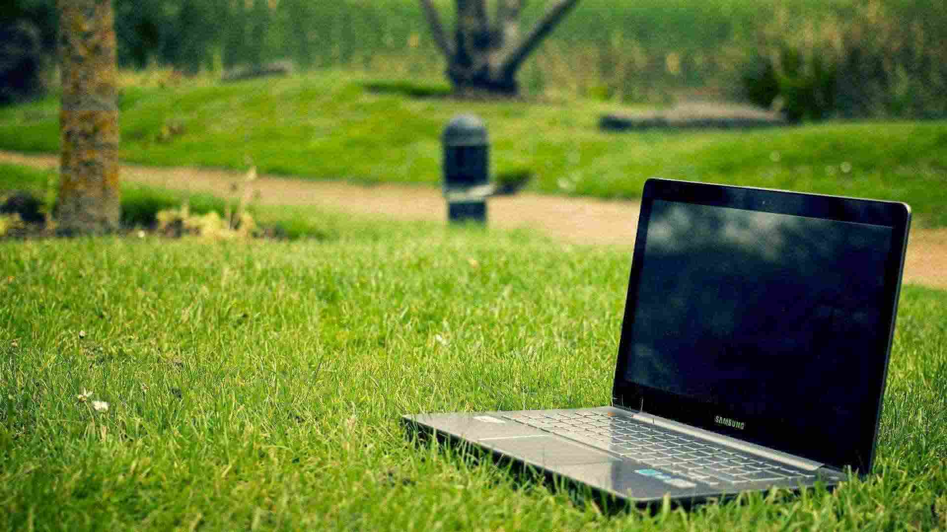 Portátil en el parque como símbolo de tareas informáticas de mantenimiento web